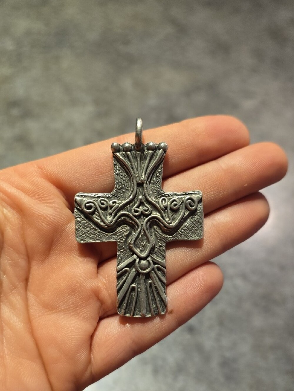 Ornate Marcie Pewter Cross Pendant with Textured Detail